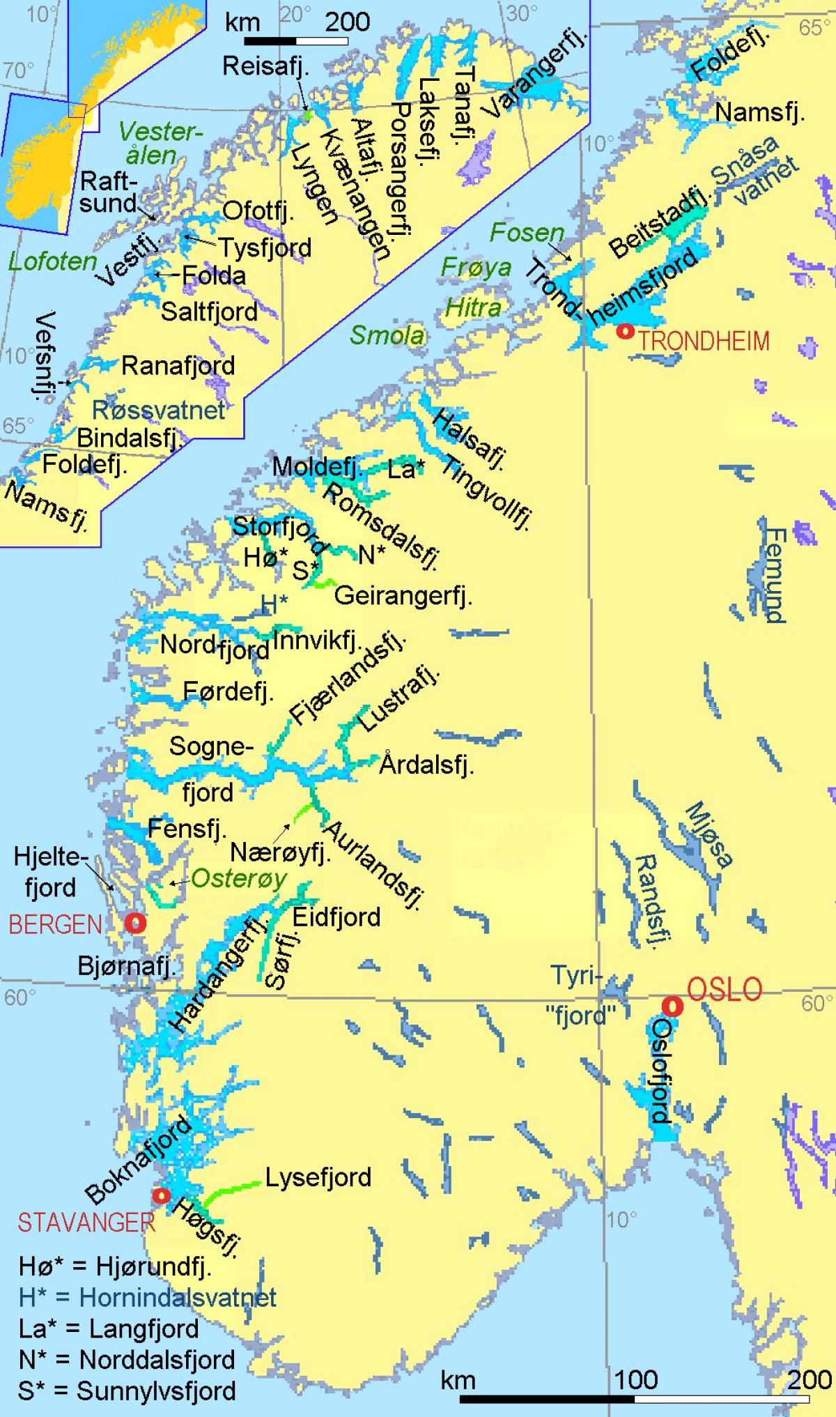 карта на Норвегия показва фиорди